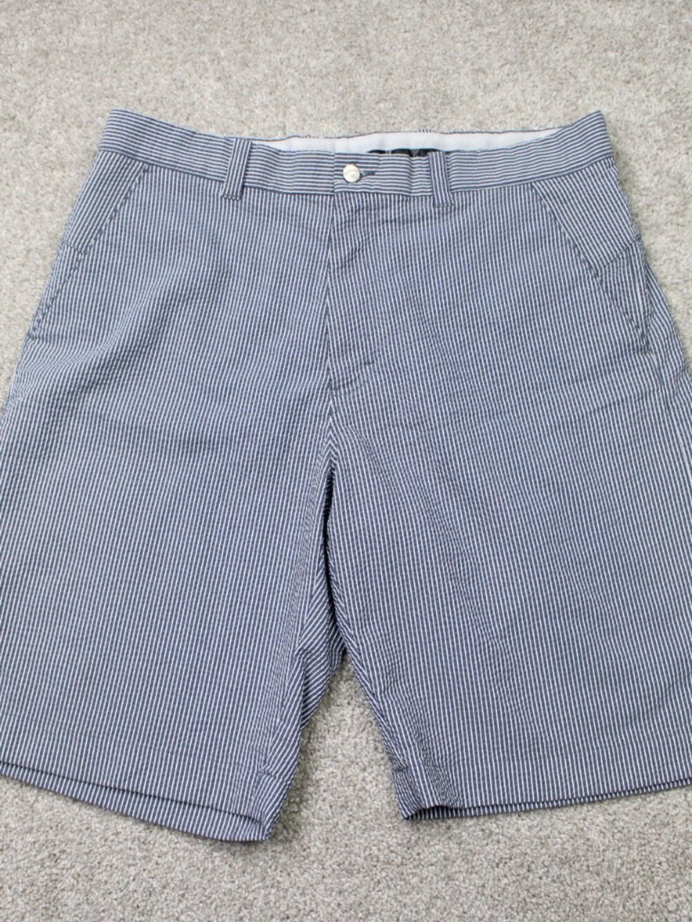 Callaway‎ Golf Shorts Mens 34 Blue/White Striped Seersucker 10" Flat Front Poly
